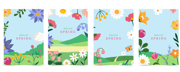 Wall Mural - spring landscape background with mountain and tree for a4 vertical design