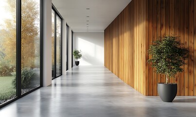 Wall Mural - Modern hallway with wooden wall and large windows showcasing autumn scenery outside