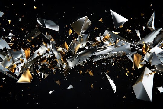 A digital illustration showcasing an explosion of shattered geometric shapes in silver and gold hues against a black background. The fragments are sharp and reflective, creating a dynamic 