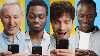 Poster - Four men of different backgrounds express excitement while looking at their smartphones against vibrant yellow and blue backgrounds. Their reactions show a moment of joy and engagement.