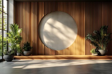 Wall Mural - Modern interior design showcasing a circular wall feature with greenery in a well-lit space