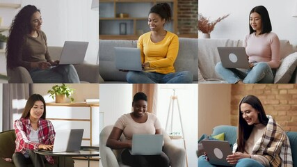 Poster - A diverse group of women focuses on their laptops in various relaxed home environments. Each woman expresses concentration while working, showcasing modern remote work dynamics.