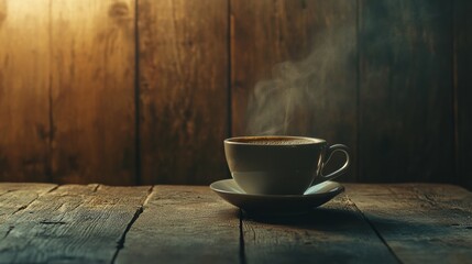 Poster - Warm coffee cup with steam resting on rustic wooden table during cozy morning atmosphere. Generative AI