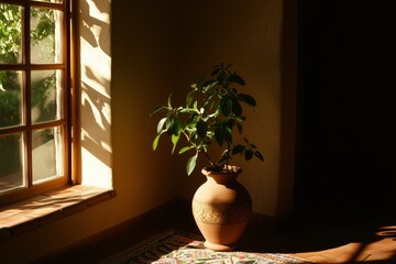 Wall Mural - A serene indoor scene featuring a potted plant beside a sunlit window, casting shadows