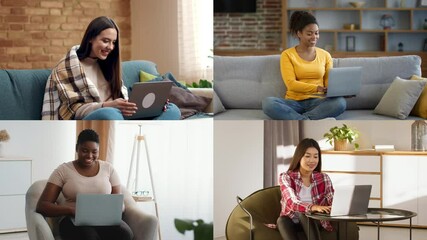 Aufkleber - Four women engage in work on their laptops in different home environments. They showcase diverse styles and settings, highlighting remote work's flexibility and accessibility.
