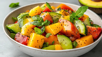 Wall Mural - Fresh vibrant fruit salad with mint and poppy seeds, perfect for summer