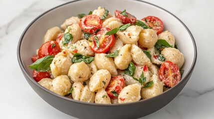 Poster - Creamy pasta with cherry tomatoes and fresh basil in bowl