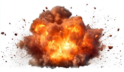 Poster - Dramatic Digital Art Illustration of a Colorful Explosion Against a Clean White Background with Flying Debris and Smoke