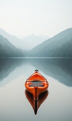 Poster - Lone kayak floating serenely on a calm mountain lake surrounded by misty peaks. Generative AI