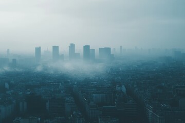 Poster - City skyline enveloped in smog with industrial chimneys releasing thick smoke during overcast weather. Generative AI
