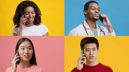 Poster - Four young adults smiling and talking on their phones against vibrant yellow and pink backgrounds, showcasing diverse emotions and casual engagement in communication.