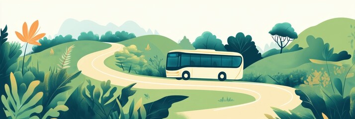 Aufkleber - Tour bus travels along a winding road through lush greenery in a picturesque landscape. Generative AI