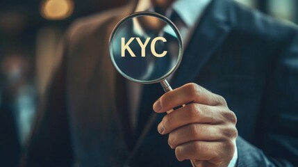 Poster - A businessman holds a magnifying glass focusing on 