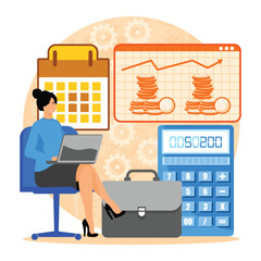 Poster - budget planning concept with woman, laptop, calculator, coins, and calendar.