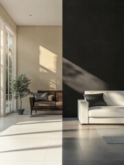 Leinwandbilder - Contrast between old, dark interiors and bright modern renovation in a stylish living space. Generative AI