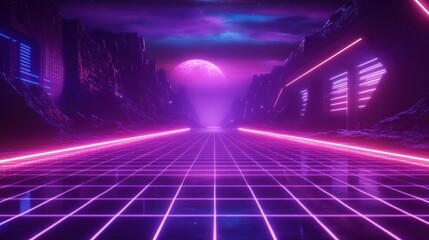 Poster - Futuristic retro landscape. Digital cyber surface with neon light grid. Cyberspace or metaverse. Technology, ai and vr concept. Virtual reality. 80s and 90s retrowave, synthwave, vaporwave style