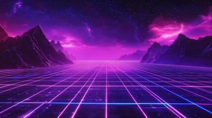 Poster - Futuristic retro landscape. Digital cyber surface with neon light grid. Cyberspace or metaverse. Technology, ai and vr concept. Virtual reality. 80s and 90s retrowave, synthwave, vaporwave style
