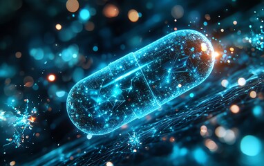 Poster - Pill floating in an immersive blue interface, glowing futuristic design, digital technology concept, hightech digital art