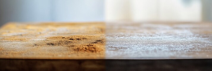 Poster - Comparison of a dusty furniture surface and a clean shiny counterpart highlighting the importance of regular cleaning and maintenance. Generative AI