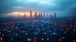 © Nursa - Futuristic cityscape at sunset with glowing network connections.
