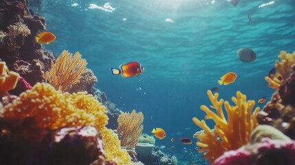 Poster - Explore a vibrant coral reef teeming with colorful tropical fish amidst clear blue waters. Generative AI