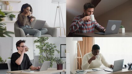 Poster - A diverse group of four individuals is focused on their laptops, each working from distinct locations. They are seated comfortably, surrounded by personal items that reflect their unique styles.
