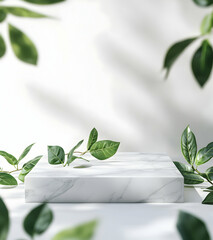 Poster - Elegant marble podium surrounded by vibrant green foliage on a clean white background showcasing natural beauty and minimalist presentation