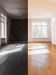 Leinwandbilder - Contrast between old dark interiors and bright modern design in renovated room. Generative AI