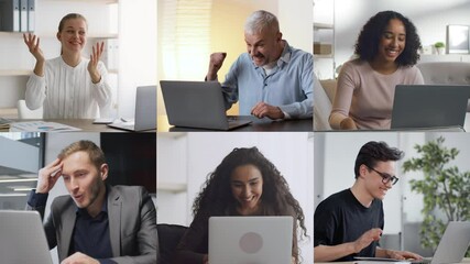 Poster - A collage showcases a diverse group of individuals expressing various emotions while participating in online activities. These moments reflect engagement and connection through technology.