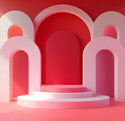 Aufkleber - Elegant presentation stage with white arches and red backdrop, a sophisticated showcase for product displays and art installations offering a modern touch