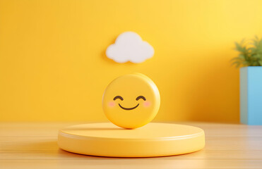 Cheerful 3D Smiley Face on Yellow Podium with Cloud Accent, Expressing Optimism and Positivity in a Playful and Vibrant Setting