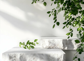 Wall Mural - Minimalist pedestal display with natural stone texture adorned with lush green foliage against a bright white background, inviting serenity and elegance