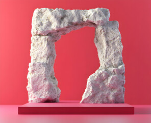 Aufkleber - Contemporary presentation featuring a stone archway on a geometric platform against vibrant crimson backdrop creating a stark contrast