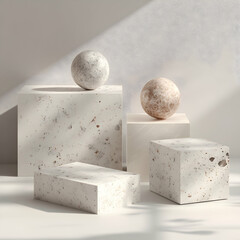 Poster - Elegant stone podiums with spherical accents create a sophisticated presentation, illuminated by soft natural light and subtle textural details
