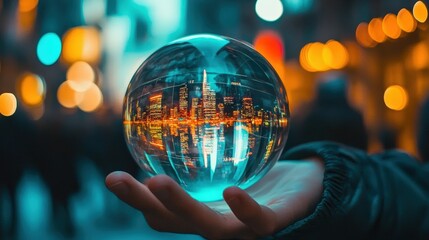Poster - Investor Predictions on Stock Market Trends Displayed in Crystal Ball with Cityscape Reflections and Futuristic Data Visualizations