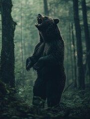 Aufkleber - Brown bear stands tall and roars amidst dense, misty forest in a serene wilderness setting during early morning. Generative AI