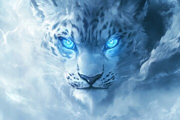 Fototapete - Majestic snow leopard gazing through swirling clouds with striking blue eyes in a mystical atmosphere. Generative AI