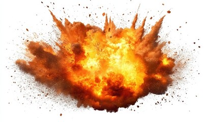Poster - Fiery Explosion on White Background in Daytime Clipart Style with Dynamic Burst and Vibrant Orange Flames and Smoke Effects