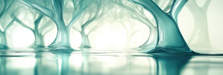 Poster - Glowing reflections in a glass forest with abstract tree shapes creating an enchanting atmosphere. Generative AI