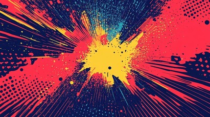 Poster - Vibrant Retro Pop Art Style Explosion with Halftone Dots in Dynamic Lightning Blast of Colorful Red and Yellow Hues