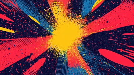 Poster - Vibrant Pop Art Explosion with Retro Comic Style Elements, Bright Colors, Halftone Dots, and Dynamic Lightning Effects