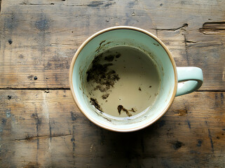 Poster - Last Sip and Lingering Sediment, The Residue of Coffee Left Behind in a Mug Resting on a Weathered Wooden Table with Faded Finish
