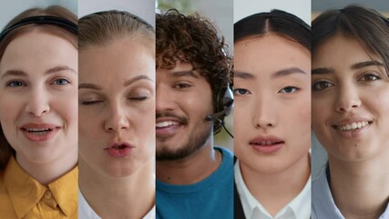 Poster - Five individuals with varying backgrounds participate in a lively discussion at a contemporary office setting. Each person contributes their thoughts, fostering collaboration and creativity.