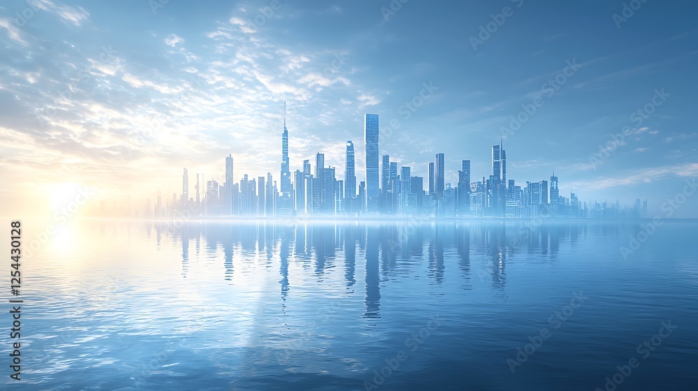 Sunrise cityscape reflected in calm water; futuristic city skyline,  ideal for website backgrounds.