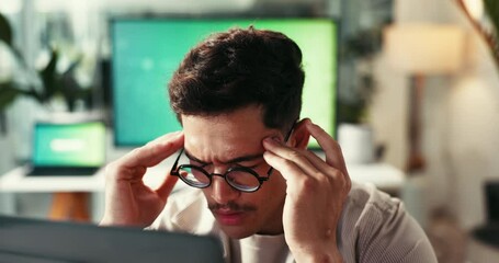 Aufkleber - Man, stress or designer at laptop with headache, tension or massage temples for relief in office. Burnout, creative person or glasses at technology with pain, networking glitch or mistake in project
