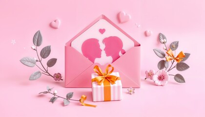 Wall Mural - Pink envelope containing silhouettes of romantic couple surrounded by valentine's decorative