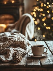 Fototapete - Warm coffee cup on rustic wooden table with steam rising and holiday decorations in the background. Generative AI