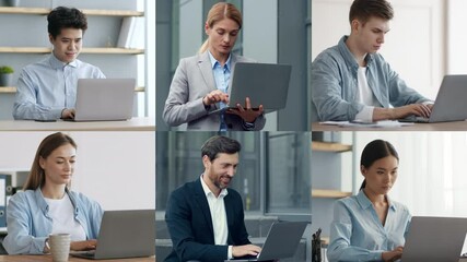 Poster - Six individuals work on laptops in a modern office, each focused on their tasks and showcasing diverse poses and clothing styles in a professional setting.