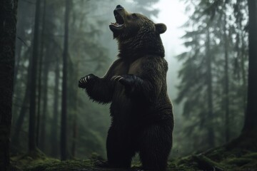 Aufkleber - Brown bear standing on hind legs in a misty forest surrounded by tall trees in early morning light. Generative AI