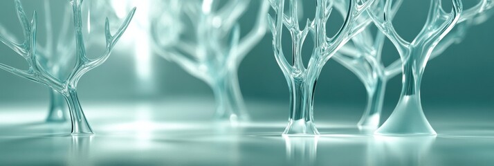 Poster - Glowing reflections in a glass forest with abstract tree shapes creating a surreal environment. Generative AI